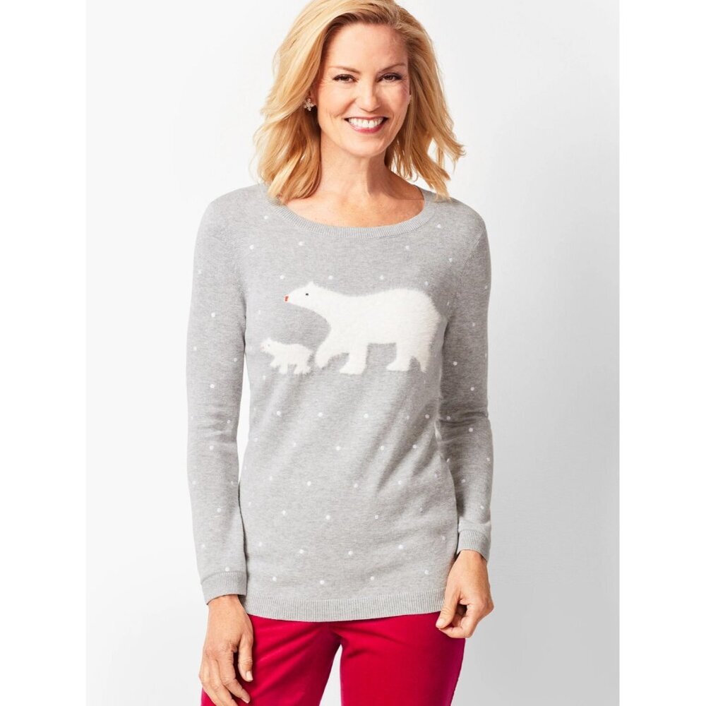Talbots Petite Womens SP Small‎ Polar Bear Polka Dot Crewneck Sweater Gray 2515